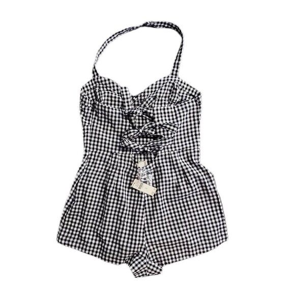 Anthropologie Maeve Halter Gingham Romper Size 12 Black White Sweetheart NWT - Picture 4 of 11